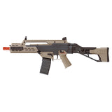ICS G33 Compact Assault Rifle Two Tone (Black and Tan) - -- Semi & Fully Automatic Shooting mode -- Metal & Standard Industrial Plastic Construction -- 370rds Hi-Cap C7 Magazine accommodate -- Full metal front & adjustable rear sight -- Nylon Fiber Side Folding SFS Stock (4 Position Extended Length / 3 Position Cheek Height ) -- 210mm G36 Tactical Handguard (Picatinny rail on Top and Bottom) With 2X 95mm Side Rail On Both -- Ergonomics texture Pistol Grip