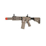 Lancer Tactical M4 SD W/ Quad Rail System  -  Lancer Tactical Style: M4 SD Muzzle Velocity: 380-400 FPS Magazine Capacity: 300 rounds Color: Tan (Dark Earth) Full metal Ver. 2 gearbox Durable polymer construction Adjustable front and rear sights Semi, Full-Auto, & Safety Functionality Adjustable Hop-up Retractable Stock 7mm Metal Bushings Bearing Spring Guide Long Type Torque Motor Ported Piston Head