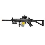 M82P AEG Plastic Gear SG -       With Flashlight, Laser, Red Dot Scope, Silencer, Vertical Grip & Side Folding stock     180 fps w/ 0.12g BBs     3.55 lbs gun net weight     34.5" overall length w/Stock Extended & Silencer Attached