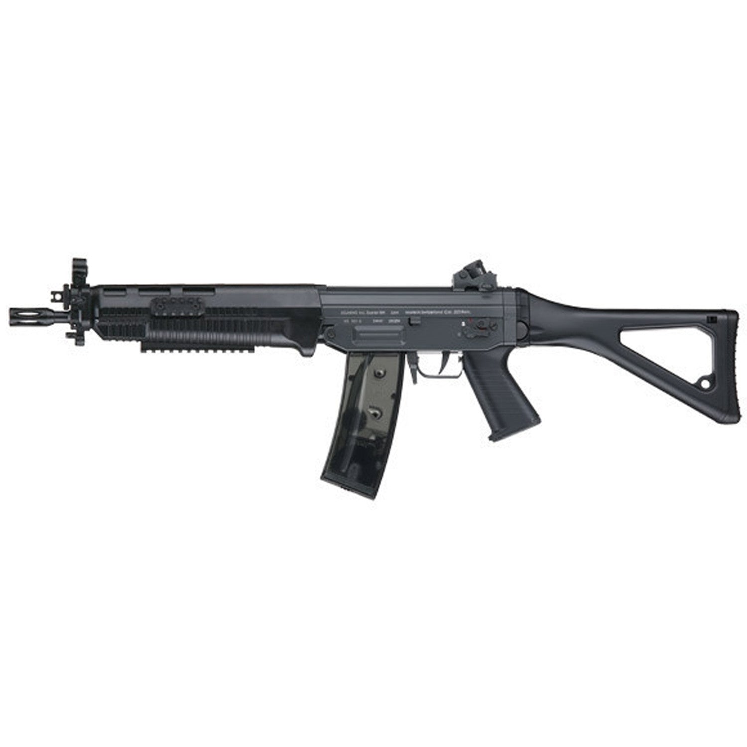 ICS SIG 551 - •Motor: ICS Turbo 3000 Medium Type •Body: Steel / Aluminum •Rate of Fire: Depends on battery & spring installed •Muzzle Velocity: 395 FPS, 120 m/s •Dimension: 835mm x 578mm •Inner Barrel Length: 370mm •Weight: 2800g (Without Battery) •Inner Barrel Diameter: 6.08mm •Magazine Weight: 200g •Magazine Capacity: 470 rounds, comes with one mag •Gearbox: M120 •Gears: ICS Steel Gear Set •Bushing: ICS Steel Bushing
