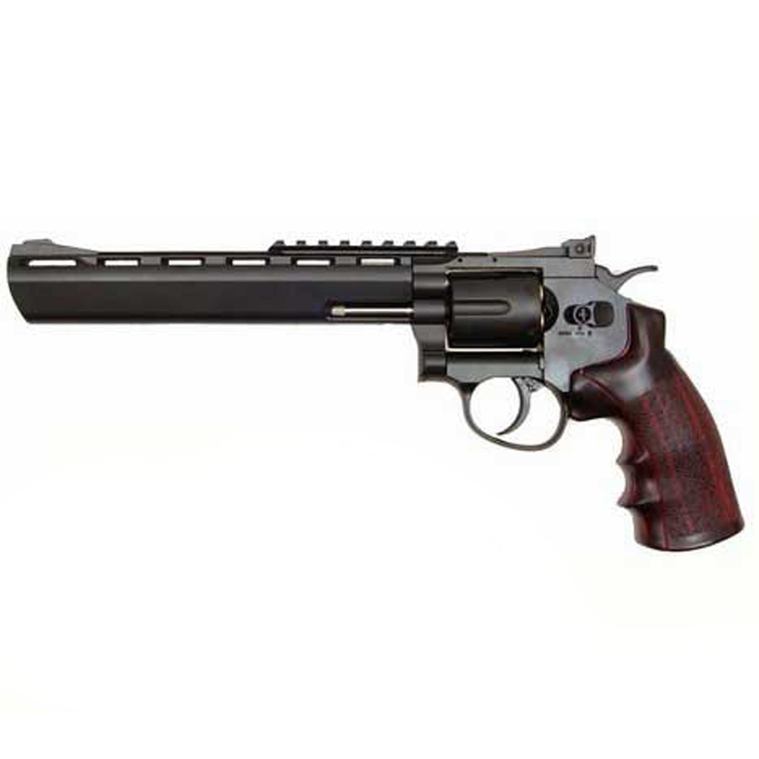 WG 8" Barrel Co2 Revolver -       390-450fps     Full Metal Body     Heavy Weight. 1:1 Scale     Fast Co2 Loading System     12gm Co2 Cartridge Only (Not Included)     6 Replica Shells     One Tactical Rail     Replica Wood Grip