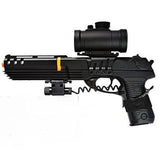 Double Eagle Full Size Robocop Airsoft Spring Pistol w/ Red Dot Scope and Laser -       Muzzle Velocity: 220 - 250 FPS (Measured with 0.12g BBs)     Length: 12" overall length with removable extension     Power: Spring Powered, Single Shot     Magazine Capacity: 14 rds     Material: ABS Polymer     Manufacturer: DE     COMES WITH ACCESSORIES (SCOPE AND LASER)     REMOVABLE FRONT TO MAKE INTO SHORT PISTOL