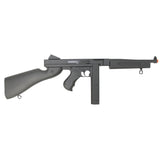 Black Thompson M1A1 with Stick Mag -      Durable ABS Gears     Thick ABS Plastic Construction     Full 1:1 Scale     Adjustable Hop Up     Safe/Semi/Full Auto Selection Switch     Front Sight: Post Globe     Rear Sight: Adjustable     Weight: 3.32 lbs     Length: 32.28 Inches     Power Plant: Electric     Battery Type: Mini     Battery Charge Time: 2.5 Hours     Effective Power Range: 1-50 Feet     Accuracy Range: 1-70 Feet     Maximum Range: 100-120 Feet